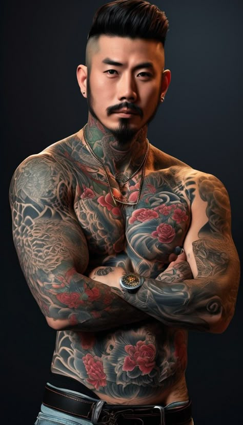 Body Suit Tattoo Men, Japanese Body Suit Tattoo, Japanese Body Suit, Photorealism Tattoo, Tattoos Dark Skin, Chest Tattoo Japanese, Suit Tattoo, Tattoo Dark, Tatted Men