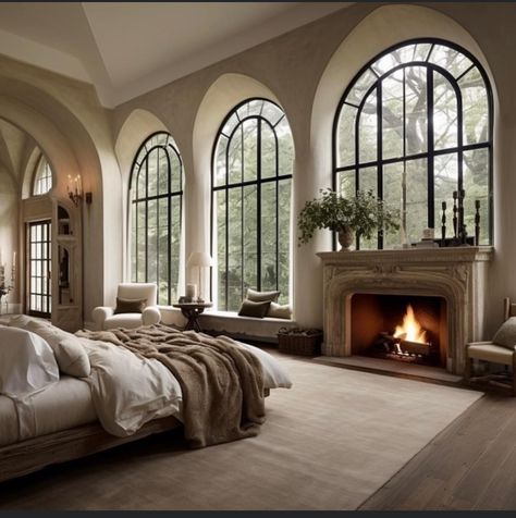 Relaxing Luxury Bathroom, Old Money Aesthetic House Bedroom, Aesthetic Fancy Bedroom, French Inspired House Exterior, Master Bedrooms Victorian, Modern Castle House Design, Sophisticated House Exterior, House With Large Windows Exterior, Nice Houses Dream Homes Interior