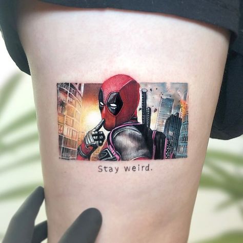 Mini-Colored-Pop-Culture-Tattoo-Kozo Deadpool Tattoo, Spiderman Tattoo, Best Tattoo Ever, Famous Tattoo Artists, Movie Tattoos, Marvel Tattoos, Joker Tattoo, Tattoo Parlors, Arm Tattoos