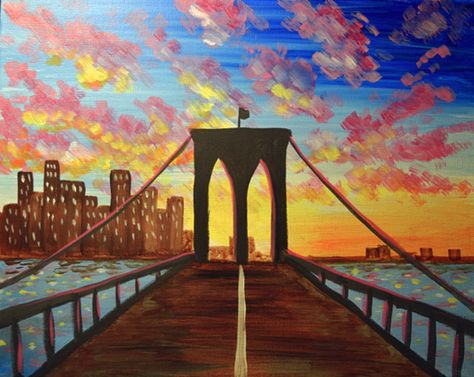 Paint Nite Brooklyn Sunset painting Paint Nite, Painting Easy, Tinta China, Diy Oils, Entertainment District, Paint And Sip, Sports Bar, Creative Activities, Pictures To Paint