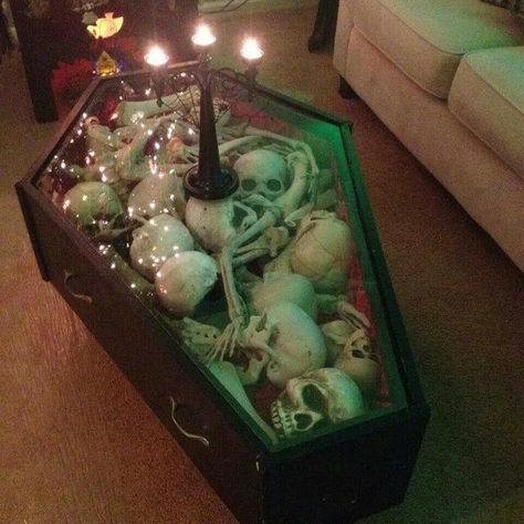 Skeleton Bedroom Aesthetic, Gothic Entertainment Center, Coffin Table, Coffin Coffee Tables, Bone Table, Diy Halloween Home Decor, Goth Houses, Halloween Living Room, Table Halloween