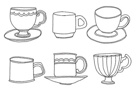 Teacup line drawings Halloween Edible Crafts, Tea Cup Drawing, Cup Drawing, Cup Tattoo, Drawing Lettering, Coffee And Cake, Simple Line Drawings, Cup Art, Sewing Appliques