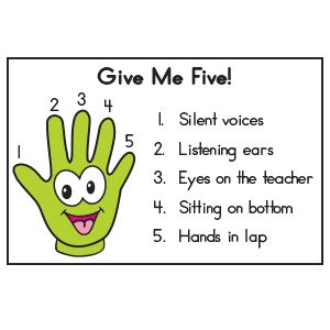 TEACHING TIP~ Here’s an easy way to quickly remind children to pay attention. Prepare a poster such as the one shown and hang it in a noticeable location. Then explain each of the five steps to your class. When you need your youngsters’ attention, simply say, “Give me five!” and you’ll have them listening in no time! Teaching Classroom Management, Attention Grabber, Attention Grabbers, Worksheets Kindergarten, Give Me Five, Classroom Behavior Management, Behaviour Management, Preschool Class, Class Management