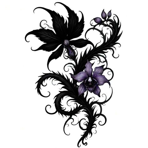 Emo Flower Tattoo, Goth Rose Tattoo, Gothic Flowers Tattoo, Spooky Flowers, Smite Game, Satanic Tattoos, Orchid Tattoo, Funky Tattoos, Fantasy Tattoos