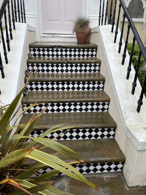 Tiled Steps Indoor, Tile Stairs Outdoor, Outdoor Steps Ideas Stairs Entrance, Mosaic Front Door Step, Victorian Tiled Front Door Step, 1930s Front Door Step Tiles, Stair Tiles, Tiles Stairs, Victorian Doorstep Tiles