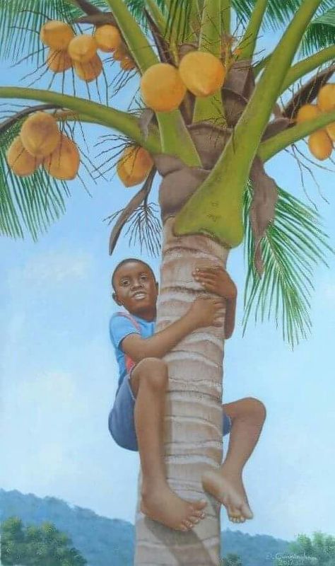 Damian Cunningham Coconut Tree Cartoon, Jamaican Art, Tree Cartoon, Africa Art Design, Haitian Art, Afrique Art, African Paintings, Cartoon Heart, Caribbean Art