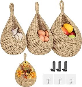 Boho Wall Hanging Fruit Baskets for Kitchen 3 Pack Woven Produce Holder with 6 Pcs Strong Hooks Vegetable Hanging Basket for Organizing Teardrop Home Wall Potato Onion Storage linen Onion Storage, Hanging Fruit Baskets, Jute Hanging, Hanging Plant Wall, Wall Hanging Basket, Crochet Fruit, Fruit Baskets, Kitchen Baskets, Vegetable Storage