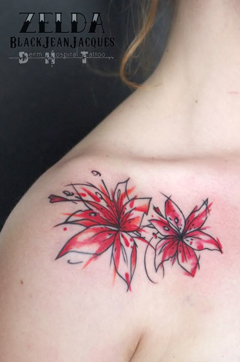 #lillies #lily #fire #watercolor #sketchy #tattoo done by #ZeldaBlackJeanJacques Watercolor Sleeve, Fire Watercolor, Lilly Flower Tattoo, Ant Tattoo, Cute Foot Tattoos, Sketchy Tattoo, Fire Lily, Lillies Tattoo, Lily Flower Tattoos