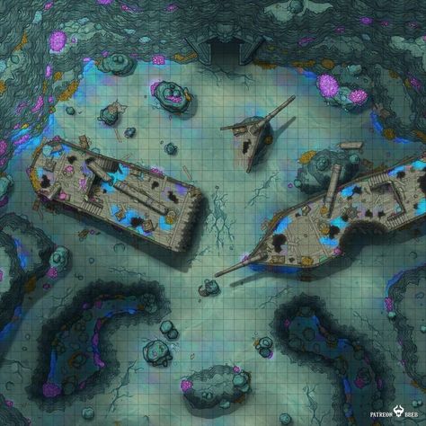 Get this map and more of our underwater map pack freely on our patreon! Underwater Dungeon Map, Old Sea Map, Underwater Map Dnd, Dnd Shipwreck Map, Underwater Battle Map, Cave Map Rpg, D&d Maps, Dungeons And Dragons Rules, Sea Map