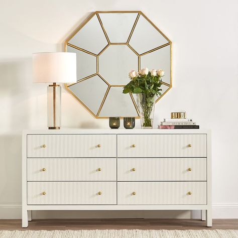 Omg, this is beautiful! I love the details 💕 #indoor #indoorfurniture #drawers #storagechest #livingroom Brass Rod, Mirror Panels, Gold Mirror Wall, 6 Drawer Chest, Smart Bulb, White Chests, Crystal Table Lamps, Living Room Spaces, Gold Handles