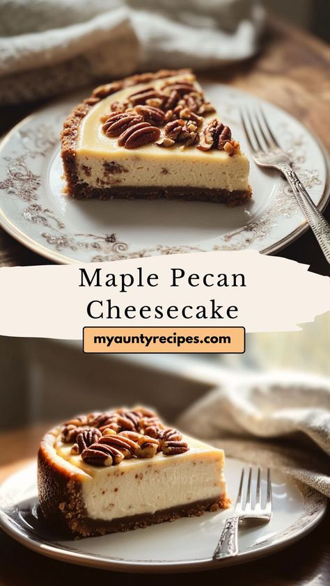 Celebrate the flavors of fall with our Maple Pecan Cheesecake! This delightful dessert features a creamy cheesecake base infused with rich maple flavor and topped with crunchy pecans. Perfect for autumn gatherings, holidays, or any occasion where you want to impress, this cheesecake brings the warmth of maple syrup and the nuttiness of pecans together in one delicious bite. The buttery pecan crust adds an extra layer of flavor that complements the smooth filling beautifully. Brown Butter Maple Cheesecake, Maple Pecan Cheesecake, Bourbon Pecan Cheesecake, Caramelized Pecans, Chesse Cake, Cheesecake Base, Pecan Crust, Rich Cheesecake, Maple Recipes