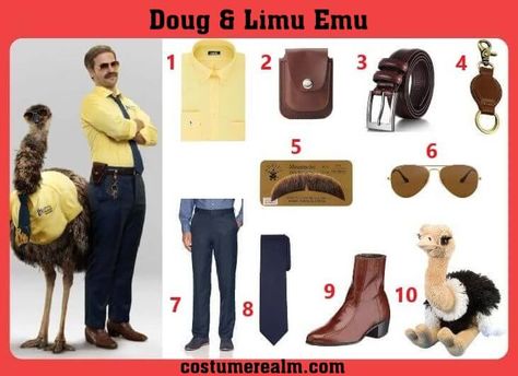 Dress Like Limu Emu and Doug From Liberty Mutual Commercials, Limu Emu and Doug Costume, Halloween Costume, Cosplay, Outfits Guide Emu Costume Diy, Limu Emu Costume, Liberty Mutual Costume, Emu Halloween, Limu Emu And Doug, Emu Costume, Work Group Halloween Costumes, Quick Halloween Costumes Last Minute Men, Punny Costumes