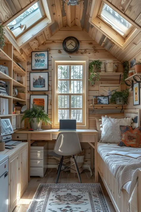 French Country She Shed Interior, Small Crafting Room Ideas, She Shed Reading Nook, Small Shed Office Ideas, Sheshed Office Ideas, She Shed Library Ideas, Tiny House With Office, She Shed Ceiling Ideas, Rustic She Shed Interior Ideas