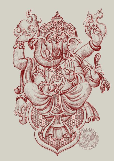 Ganapati Tattoo Design, Ganesha Tattoo Mandala, Lakshmi Tattoo, Ganesh Tattoo Design, Ganpati Tattoo, Elephant Skull, Ganesha Design, Tibetan Tattoo, Hindu Tattoos