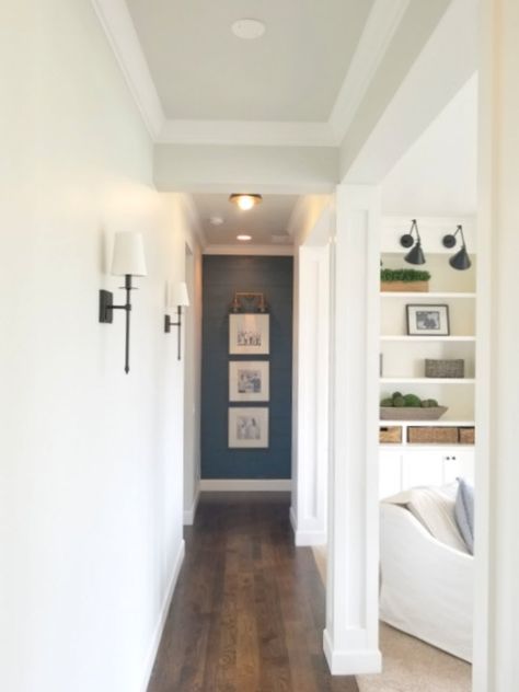 When you don't have a Chip Gaines in your life | Fancy Farmgirls Long Hallway Wall Decor Ideas Farmhouse, Long Hallway Wall Decor Ideas Rustic, End Of Corridor Ideas, End Of Hall Wall Decor Ideas, Hallway Shiplap Halfway, Shiplap Wall Corner Trim, End Of Hallway Wall Decor, End Of Hallway Accent Wall, End Of Hallway Decor Ideas