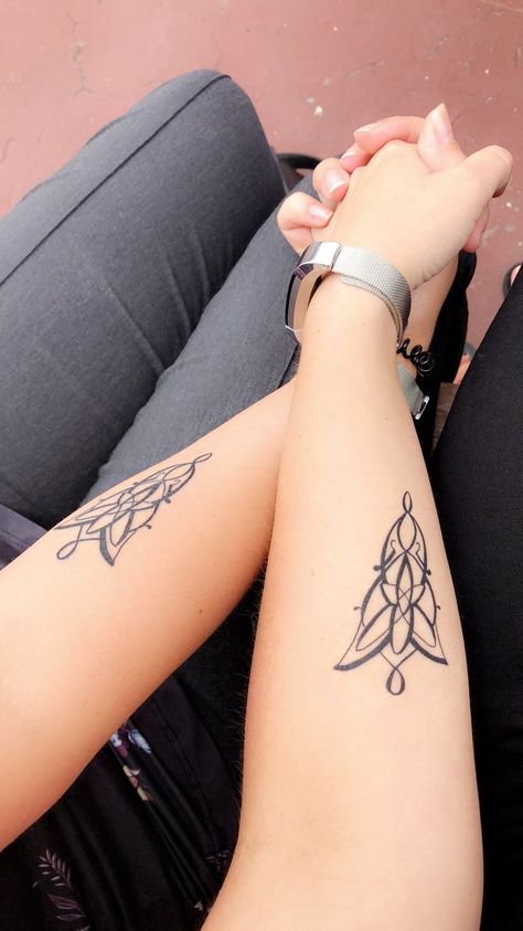 Lord Of The Rings Friend Tattoo, Matching Nerd Tattoos, Matching Lotr Tattoo, Lotr Matching Tattoo, Best Friend Matching Tattoo, Evenstar Tattoo, Elvish Tattoo, Sassy Embroidery, Tolkien Tattoo