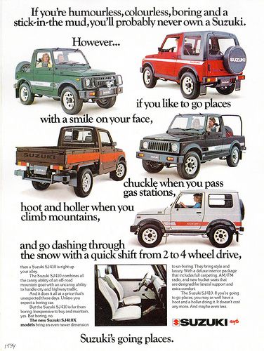 1984 Suzuki SJ410 (Canada) | Flickr - Photo Sharing! Suzuki Sj 410, Mobil Off Road, Jimny Sierra, Jimny Suzuki, Suzuki Cars, Suzuki Samurai, Suzuki Jimny, Car Advertising, Jeep Truck