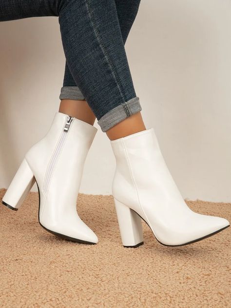 White Boot Heels Outfit, White Ankle Boots Outfit, White Wedding Boots, White High Heel Boots, White Heeled Boots, White Heel Boots, Classy Sandals, White Boots Outfit, Dress Boots Women