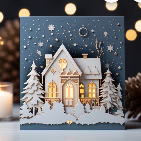 Snowy House, Personalised Christmas Cards, Christmas Greeting Card, 3d Christmas, Season's Greetings, Christmas Cards To Make, Winter Cards, Holiday Wishes, Christmas Greeting