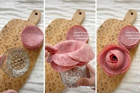 How To Make Rose Salami, How To Make Roses Out Of Salami, Charcuterie Rose How To, 1920 Food, Making Salami, How To Make Salami, Salami Rose, Easter Charcuterie Board, Cheese Board Easy