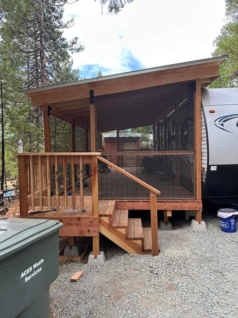 Permanent Camper Site Ideas Entryway, Rv Porch Ideas, Permanent Camper Site Ideas Patio, Rv Parking Pad Ideas Backyard, Rv Shelter With Deck, Outdoor Rv Patio Ideas, Rv Additions, Rv Porches And Decks Diy, Rv Porches And Decks