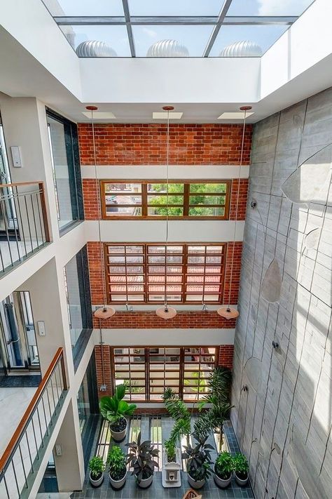 Lift House Design, Triple Height Living Room, Double Height Pooja Room, Double Height Courtyard, Exposed Brick Facade, Aangan Architects, Contemporary House Interior Design, Double Height Space, Painting Ideas Home