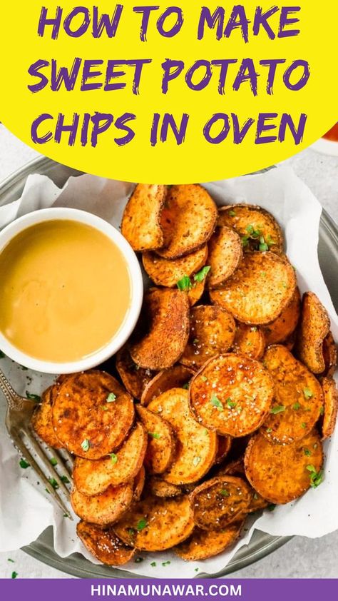 Sweet Potato Chips In Oven Potato Chips In Oven, Sweet Potato Chips Oven, Oven Potato Chips, Crispy Sweet Potato Chips, Homemade Sweet Potato Chips, Oven Baked Sweet Potato, Sweet Potato Chips Recipe, Sweet Potato Crisps, Sweet Potato Oven