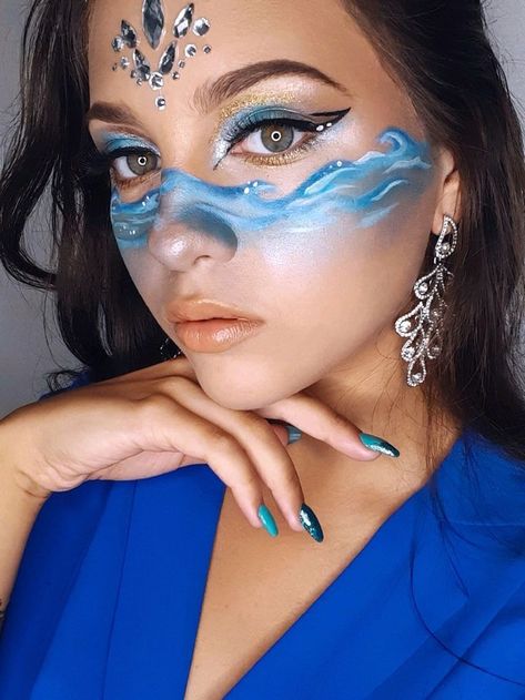 Water Makeup Look, Water Inspired Makeup, Water Makeup Looks, Shark Makeup, Ocean Makeup, Wave Makeup, Dragon Makeup, Competition Makeup, Fish Makeup