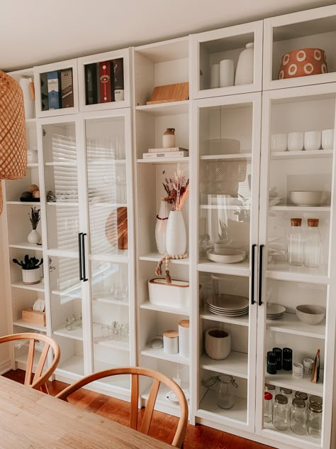 Ikea Billy Bookcase Laundry Room, Ikea Billy Decor, Dining Room Ikea Storage, Ikea Billie Bookcase, Billy Bookcase Built In Kitchen, Ikea Bookcase With Glass Doors, Ikea Closet Hack Billy, Billy Bookcase As Pantry, Billy In Kitchen