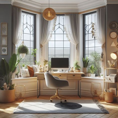 17 Bay Window Ideas To Transform Your Space (With Pros And Cons) - My Besuited Home Home Office Window Seat, Bay Window Desk Ideas Offices, Home Library Bay Window, Desk In Bay Window Living Room, Home Office With Bay Window, Bay Window Office Ideas, Window Nook Ideas Living Room, Bay Window Dining Table, Bay Window Desk Ideas