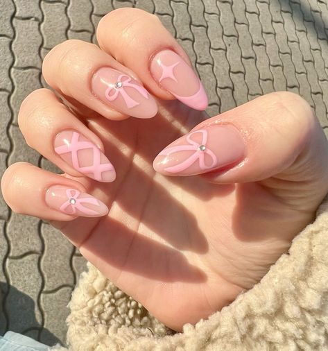 pink bow nails Pink Nails Bow, Couqutte Nails, Bow Acrylic Nails, Cute Pink Nail Designs, Pink Bow Nails, Coquette Nail, Bow Nail Designs, Soft Pink Nails, Coquette Nails