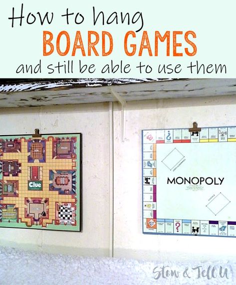 How to Easily Hang Board Games as Artwork | Simple Wall Mounted Game Board Art | stowandtellu.com Hang Board, Board Game Art, Board Game Room, Space Video, Basement Games, Old Board Games, Board Game Storage, Game Room Wall Art, Wall Game