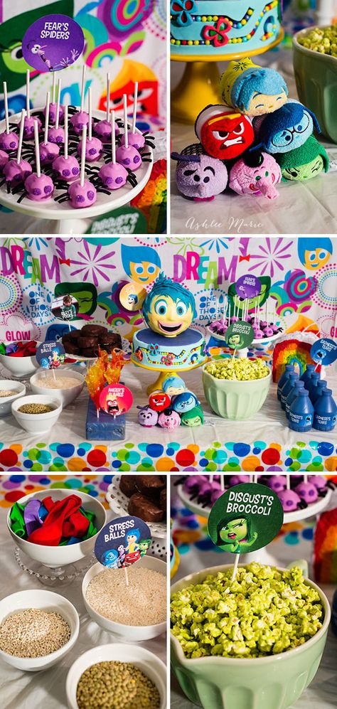 create an inside out party everyone will love, food for each character, activities and toys. like green popcorn for disgust's broccoli, and spider pops for fear Inside Out Cake Pops, Inside Out 2 Themed Snacks, Inside Out 2 Party Food, Inside Out Treats, Inside Out Bday Party, Inside Out 2 Themed Food, Inside Out 2 Movie Night Food, Inside Out Themed Party, Inside Out Snack Ideas