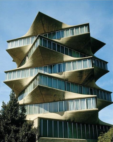 The Pagoda, Madrid, Miguel Fisac Brutalism Architecture, Famous Architecture, Modern Architecture Building, Geometric Architecture, Spanish Architecture, Interesting Buildings, Modern Architecture House, Brutalism, Facade Design