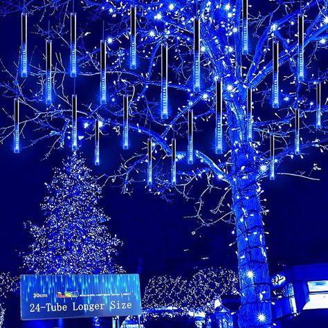 Kwaiffeo Outdoor Christmas Decorations, 24 Tubes(Equivalent to 3 Sets of 8-Tubes) LED Meteor Shower Lights for Xmas Tree Halloween Decoration Yard Lawn Outside Party, UL Plug, Blue Christmas Lights Cascading Lights, Meteor Shower Lights, Icicle Lights Outdoor, Shower Lights, Blue Christmas Lights, Meteor Lights, Icicle Christmas Lights, Rain Lights, Shower Lighting