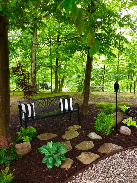 Wooded Landscaping Front Yard, Landscape Big Backyard, Outdoor Peaceful Space, Decorating Around A Tree Front Yards, Patio In Wooded Area, Backyard Wooded Area Ideas, Sitting Area In The Woods, Backyard In The Woods, Backyard With Lots Of Trees