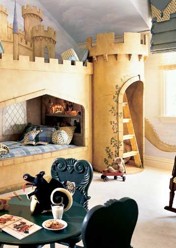 Castle Beds and Murals - Inspired by a Scottish castle, this bed and playhouse combination includes bunk beds, secret hiding places, and a book nook in the ladder-accessed turret. Fashioned from stone-look laminate, the castle has no back walls, so mattresses can be moved in and out easily. Cool Bunk Beds For Kids, Castle Bed, Secret Hiding Places, Themed Kids Room, Cool Bunk Beds, Kids Bunk Beds, A Castle, Kids Room Design, Book Nooks