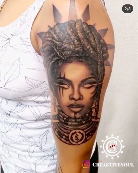 African Queen Tattoo, African Warrior Tattoos, Afro Tattoo, African Tattoo, Queen Tattoo, Goddess Tattoo, Black Girls With Tattoos, Warrior Tattoos, Tattoos For Black Skin