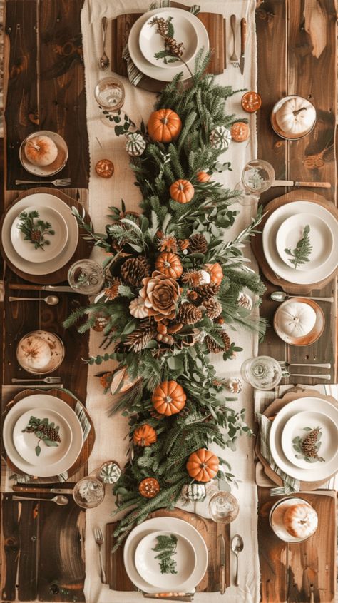 Rustic Dinner Table Setting, Thanksgiving And Christmas Table Decor, Thanksgiving Brunch Decorations, Thanks Giving Table Settings, Fall Center Piece Dining Room, How To Decorate Thanksgiving Table, Thanksgiving 2024 Tablescape, Sage Green Thanksgiving Table, Cute Thanksgiving Decor