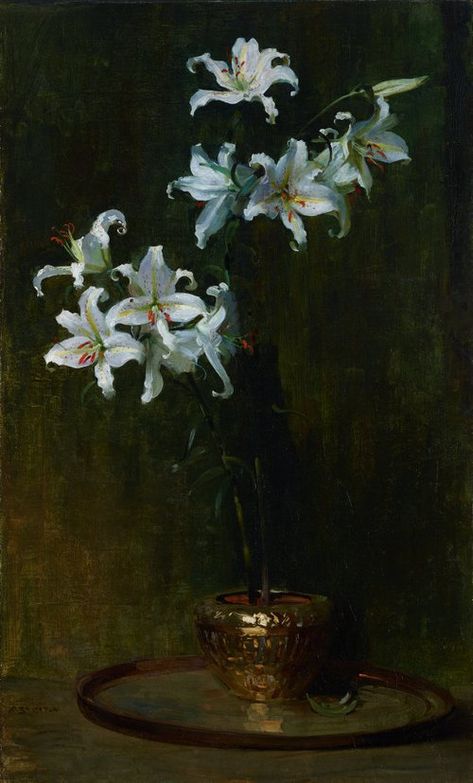 Copper Pitcher, Australian Painting, Blue Flower Painting, White Lilies, Old Paintings, Aesthetic Painting, Ethereal Art, Green Art, Fine Arts Posters