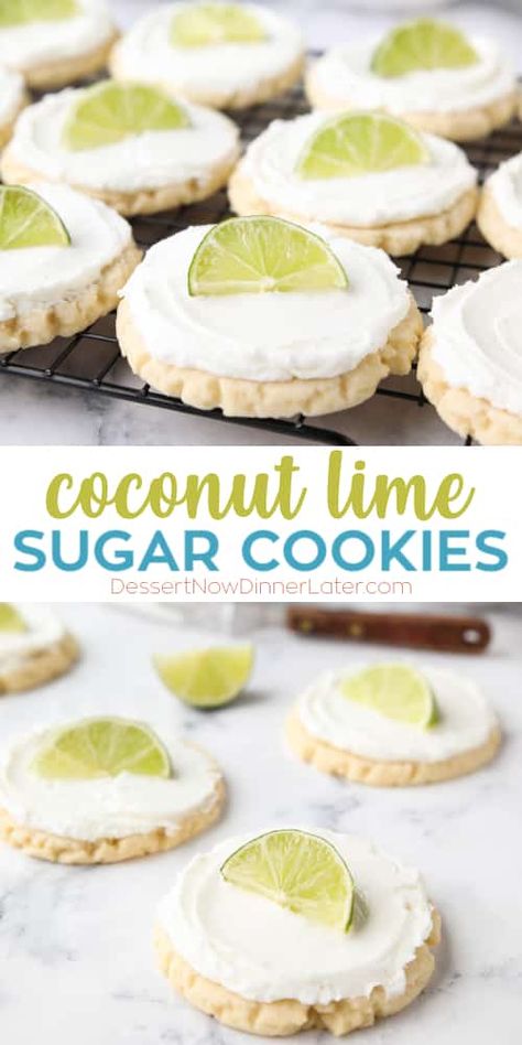 Coconut Lime Sugar Cookies - an easy sugar cookie recipe with a tropical fruit twist. You'll love these moist sugar cookies with a hint of lime, creamy coconut frosting, and a fresh lime wedge to squeeze on top. A Twisted Sugar copycat recipe. Lime Sugar Cookies, Swig Cookies, Swig Sugar Cookies, Key Lime Cookies, Crumble Cookie Recipe, Lime Cookies, Sugar Cookie Recipe Easy, Coconut Frosting, Lime Recipes