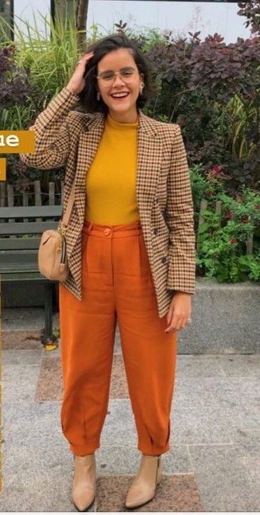 Fall Fashion 2023 Colorful, Orange Professional Outfits, Burn Orange Pants Outfit, Professional Funky Outfits, Professional Quirky Outfits, Professional Outfits Gen Z, Pop Of Color Work Outfits, Fun Buissnes Casual Outfits Woman, Fun Work Outfits Plus Size