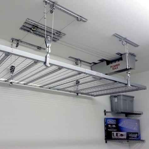 Ceiling Storage Garage, Garage Overhead Storage, Jeep Hardtop Storage, Diy Overhead Garage Storage, Garage Hoist, Ceiling Storage Rack, Overhead Storage Rack, Garage Ceiling Storage, Garage Systems