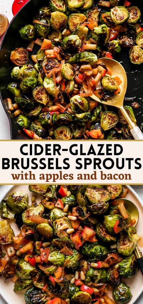 Sweet and savory Cider-Glazed Brussels Sprouts with apples, shallots, and bacon. This all-star side dish is worthy of any dinner party, yet easy enough for weeknights. Delightfully crispy and caramelized with steakhouse-worthy flavor, they'll impress even the biggest veggie skeptics! Thanksgiving Brussel Sprouts, Meal Sides, Roasted Sprouts, Thanksgiving 2023, Bacon Brussel Sprouts, Sprouts With Bacon, Sprout Recipes, Brussels Sprouts Recipe, Vegetable Side