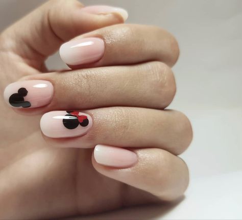 Nail Ideas Disney Simple, Disneyland Nails Acrylics Simple, Disneyland Nails French Tip, Subtle Minnie Mouse Nails, Mickey Nail Art Simple, Short Simple Disney Nails, Easy Disney Nails Short, January Disney Nails, Minimalist Mickey Nails