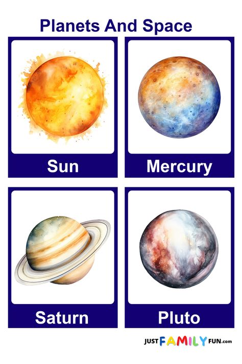 If your kids are fascinated by space, or you’re looking to boost their knowledge about the planets and the universe, then look no further!  Our free printable planets and space flashcards are a helpful and exciting way to teach youngsters about the solar system and beyond. These fun,  educational flash cards are perfect for introducing children to the names of the planets and to new space vocabulary. Space Flashcards, Printable Planets, Solar System Printables, Space Vocabulary, Planet Images, Names Of The Planets, Fun Printables For Kids, Planets Images, Educational Flash Cards