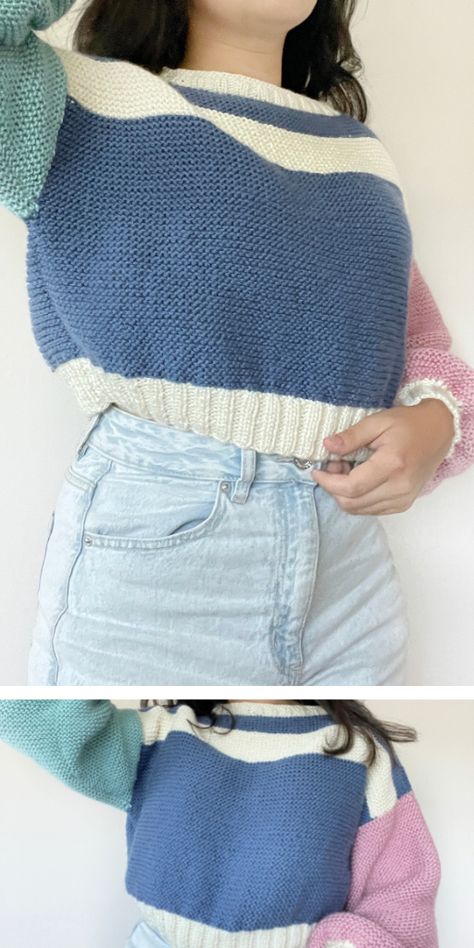 Knitted Crop Sweater Pattern, Beginner Knitting Sweater Patterns Free, Knit Cropped Sweater Pattern, Cropped Knit Sweater Pattern, Free Knit Sweater Pattern, Knit Sweater Beginner, Beginner Knit Sweater Pattern Free, Knit Tiktok, Knit Sweater Pattern Beginner