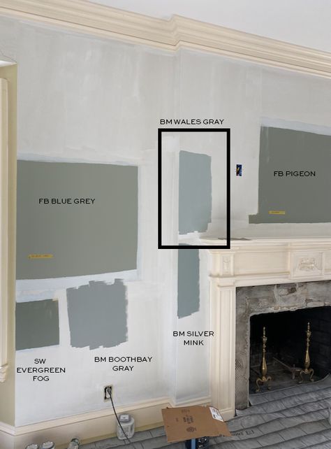 New House Color Palette — Elements of Style Blog Silver Mink Benjamin Moore, Mink Benjamin Moore, Benjamin Moore Silver Mink, Light Blue Grey Paint, Benjamin Moore Kitchen, House Color Palette, Blue Gray Paint, White Counters, House Color Palettes