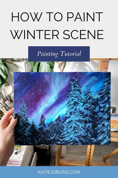 How to paint a winter scene in acrylics, step by step painting tutorial for beginners. #painting #acrylic #paintingtutorial #winter #aurorapainting #howtopaint Winter Scene Acrylic Painting, Blending Acrylic Paint, Katie Jobling, Winter Scene Paintings, Paint Trees, Beautiful Winter Scenes, Beginners Painting, Fan Brush, Christmas Painting