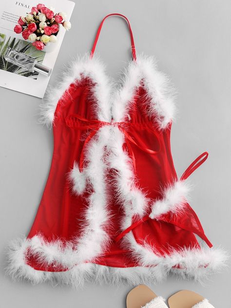 Christmas Feather Trim Lingerie Babydoll Set  RED , #AFFILIATE, #Trim, #Feather, #Christmas, #Lingerie, #RED #Ad Christmas Lingerie Party, 2022 Christmas Outfit, Christmas Outfit Ideas For Women, Classy Vintage Outfits, Holiday Party Dresses Christmas, Christmas Fashion Outfits, Outfits Juvenil, Dresses Christmas, Christmas Lingerie